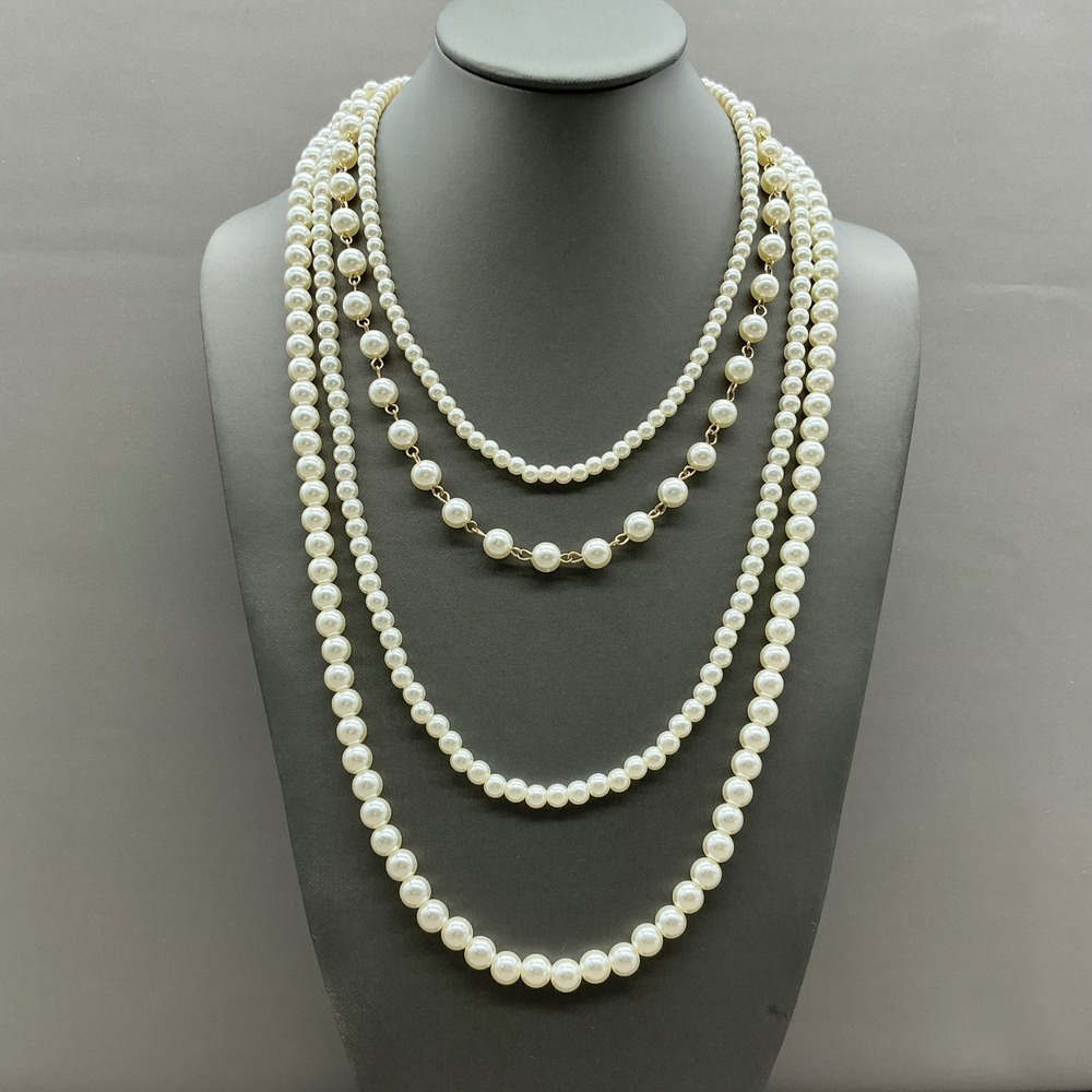 Multi Strand Faux Pearl Necklace Women Cream Gold Tone Layered Statement